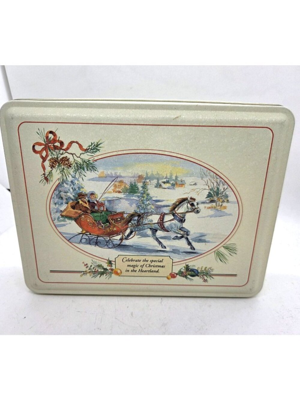 VTG Christmas Holiday Tin Box Horse Sleigh Winter Scene Swiss Colony old world